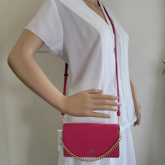 COACH Anna Pebbled Leather Foldover Clutch Crossbody With Chain- Bold Pink🎈$158 - Picture 16 of 16